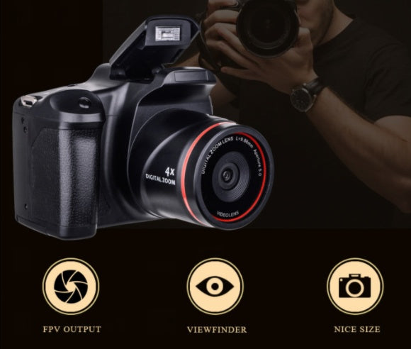 Camera with features highlighted on a dark background
