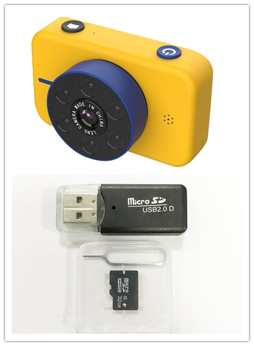 Yellow and blue camera with USB adapter and microSD card on a white background