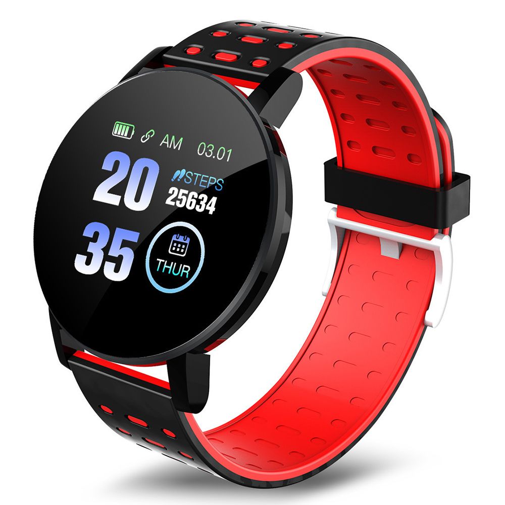 Smartwatch with a red and black strap on a white background