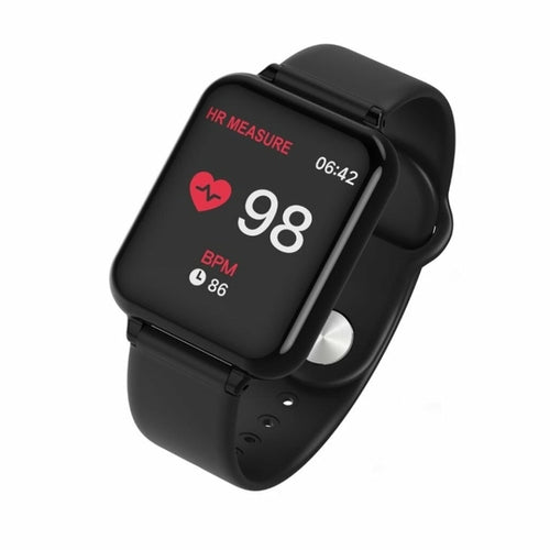 Black smartwatch with heart rate measurement display on a white background