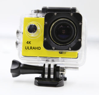 Action camera with yellow side panel and '4K ULRAHD' text on a white background