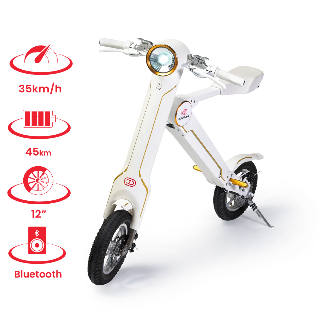White electric bike with features highlighted on a white background