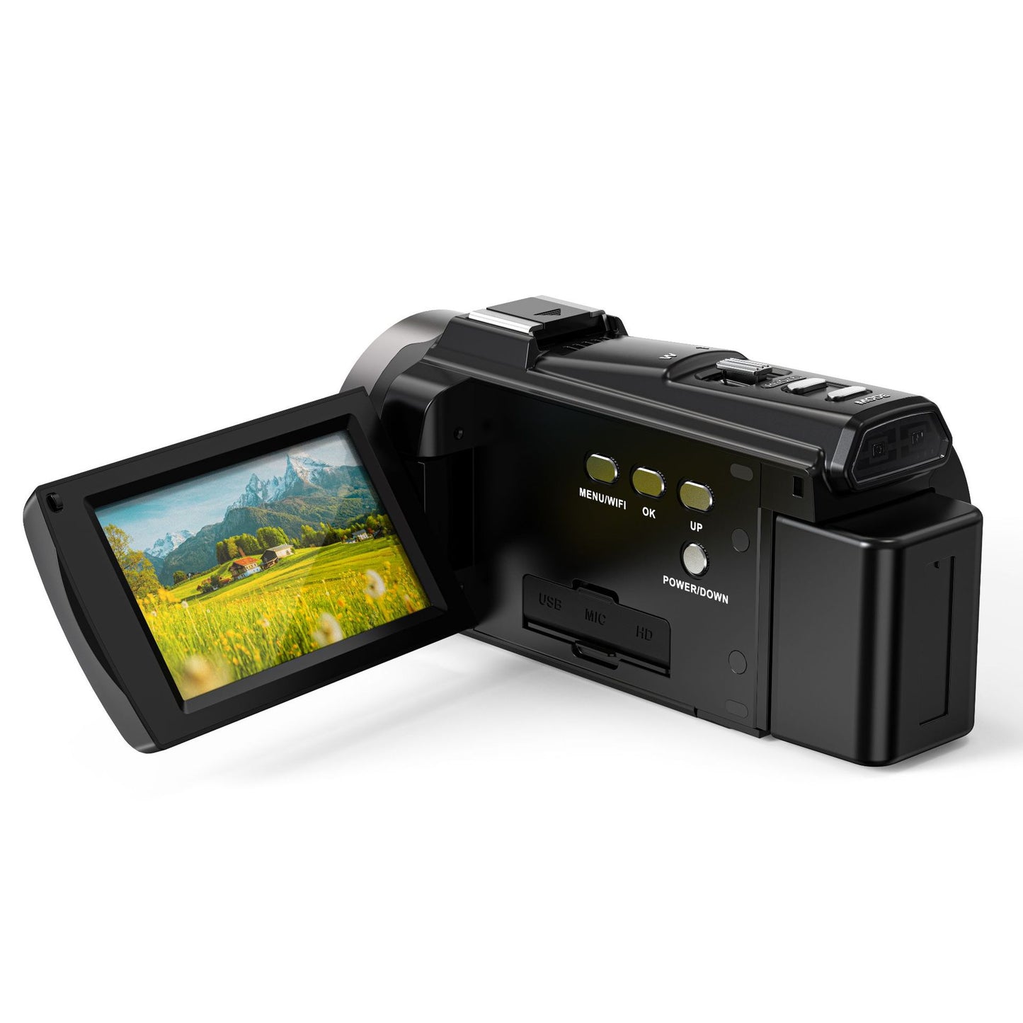 Black digital camera with a screen displaying a scenic view on a white background