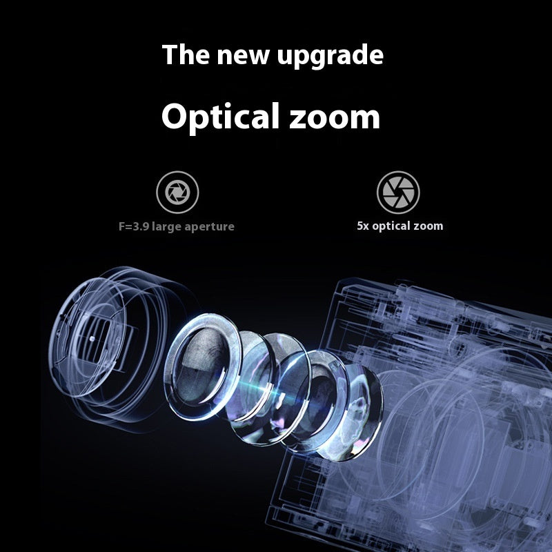 Optical zoom lens upgrade with text on a black background