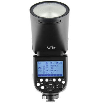 Camera flash with digital display on a white background
