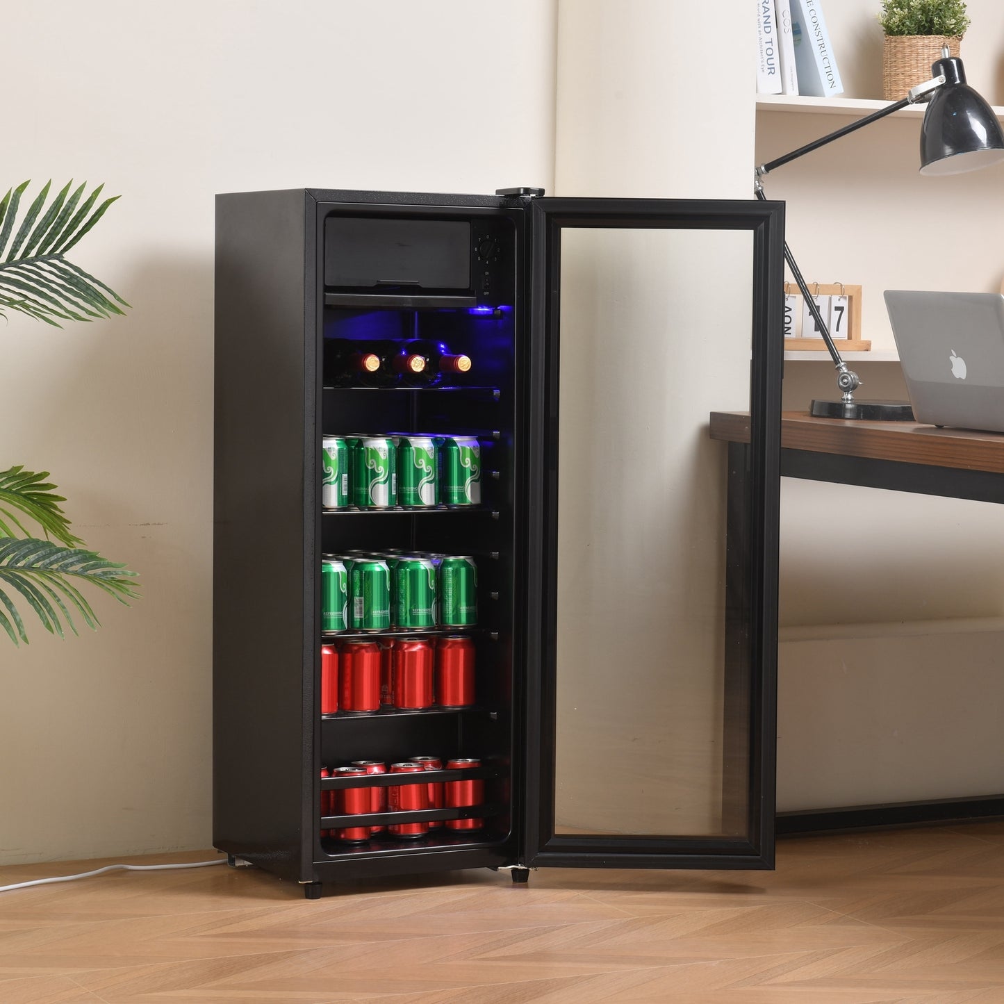 4.5Cu.ft mini fridge, 0.3Cu.ft freezer, up to 94 cans of soda, beer or wine. Silent, high-efficiency and energy-saving compressor, LED lighting, 16.10"×15.70"×43.10", home, RV, apartment, office, etc.