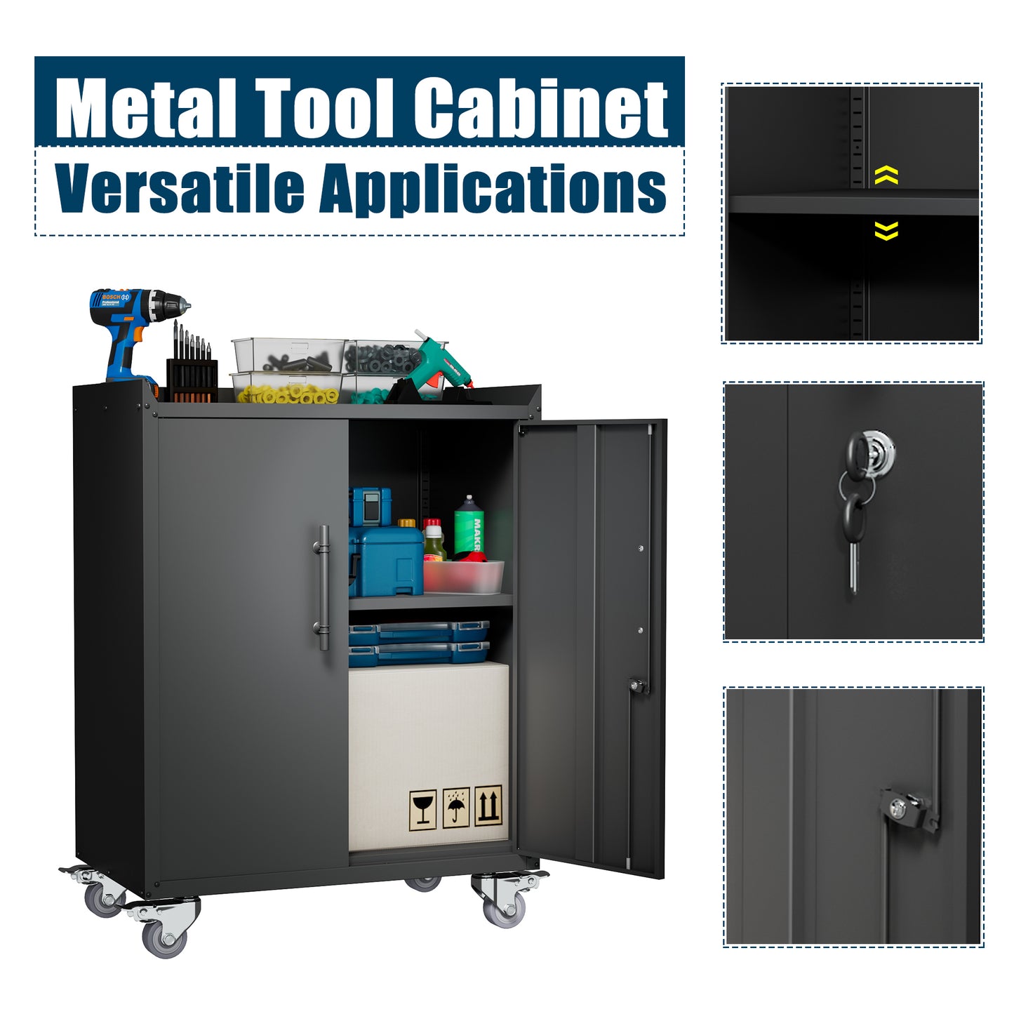 2 Door Tool Cabinets for Garage, Lockable Garage Storage Cabinet, Locking Metal Storage Cabinet with Wheels, Rolling Tool Chest, Assembly Required H34*W30.3*D18