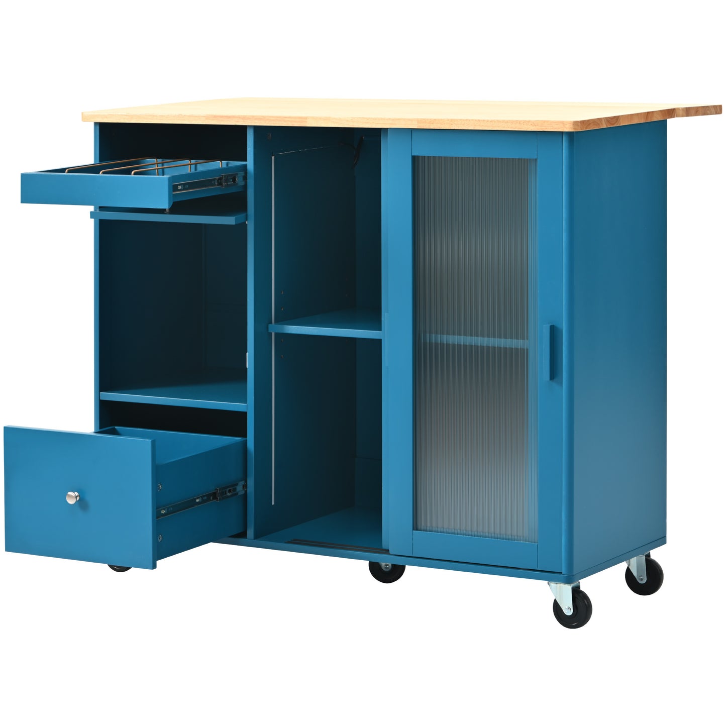 Kitchen Island with Drop Leaf, LED Light Kitchen Cart on Wheels with 2 Fluted Glass Doors and 1 Flip Cabinet Door, Large Kitchen Island Cart with an Adjustable Shelf and 2 Drawers (Navy Blue)