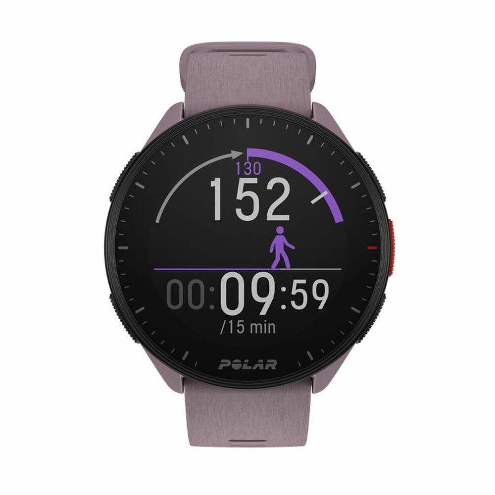 Polar fitness watch with a gray strap on a white background
