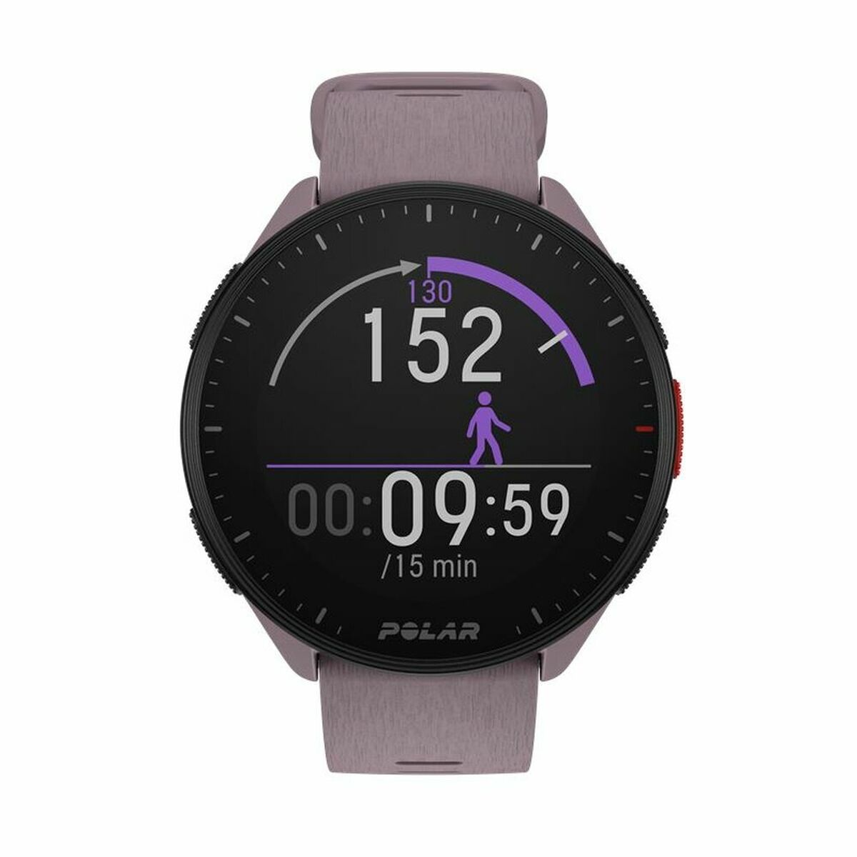 Polar fitness watch with gray strap on a white background