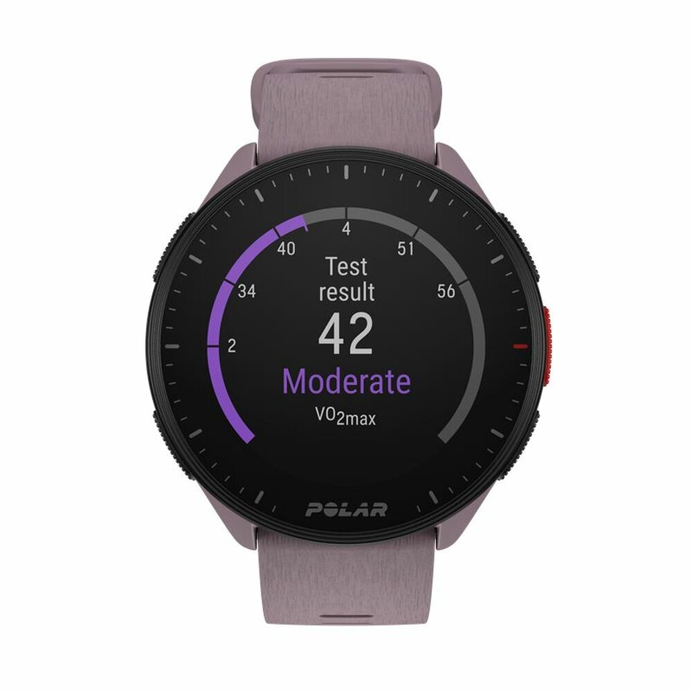 Polar fitness watch with a purple strap on a white background