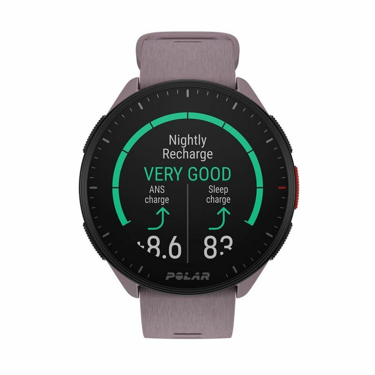 Smartwatch with a gray band displaying health metrics on a white background
