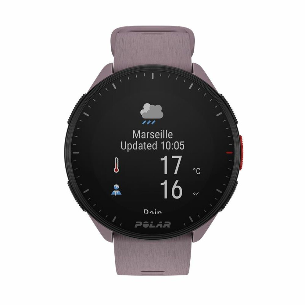 Smartwatch with a black display showing weather information on a white background