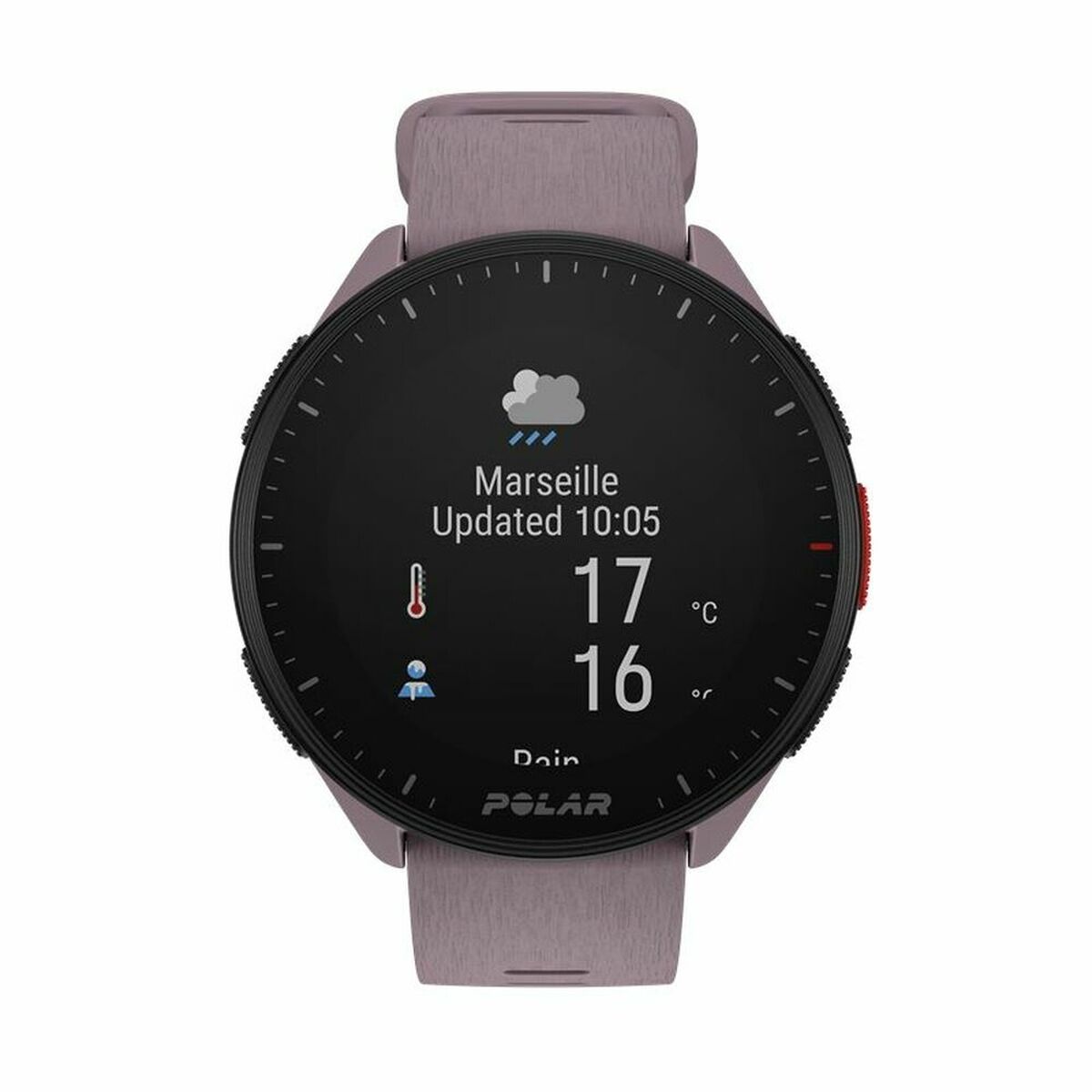 Smartwatch with a gray band displaying weather information on a white background