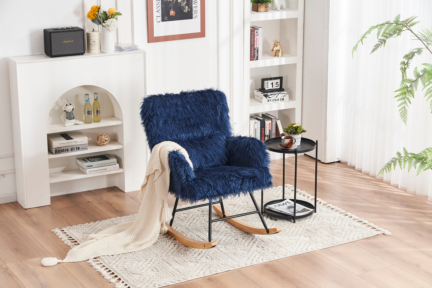 Rocking Chair Nursery, Solid Wood Legs Reading Chair with Lazy plush Upholstered and Waist Pillow, Nap Armchair for Living Rooms, Bedrooms, Offices, Best Gift,Blue