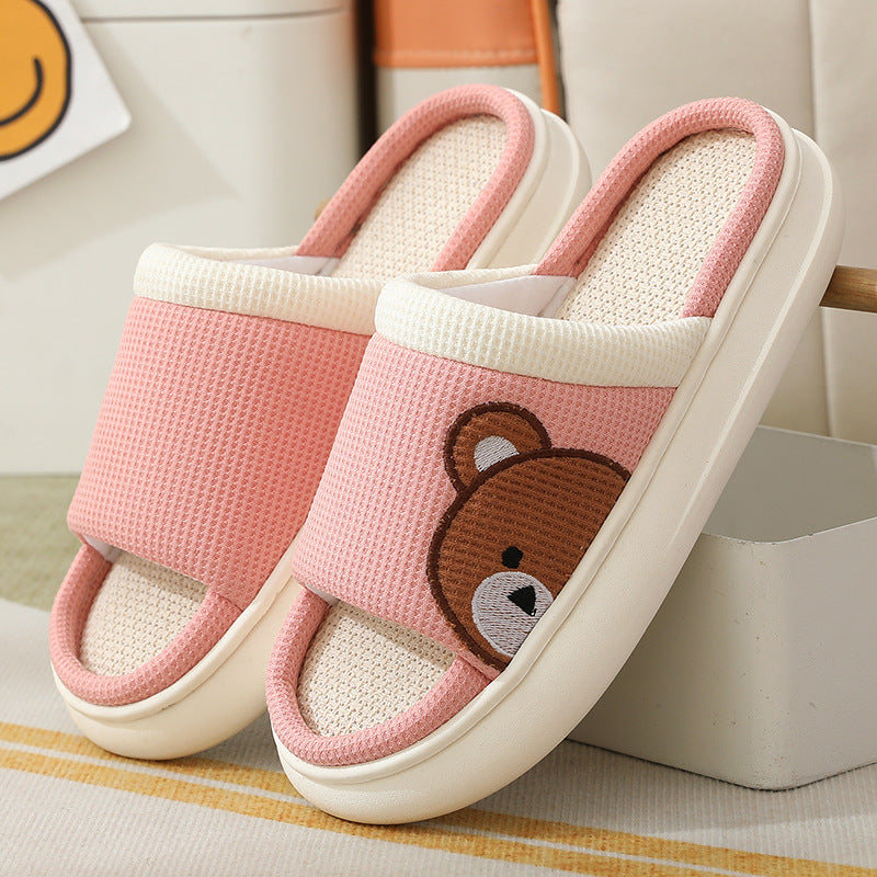 Cute Cartoon Bear Linen Slippers For Women Indoor Non-slip Sweat-absorbent Breathable Slip On Floor Bedroom Slipper House Shoes. Raee-Industries.