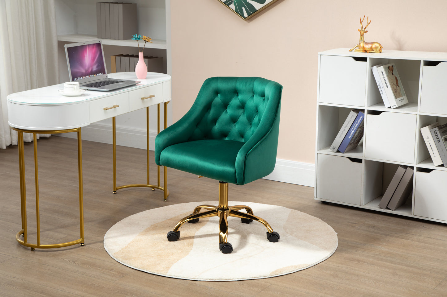 Velvet Office Swivel Chair, Vanity Chair, Fabric Desk Chair, Pretty Fancy Chair, Gold Office Chair for Girls, 360°Swivel Height Adjustable Reception Chair, Green