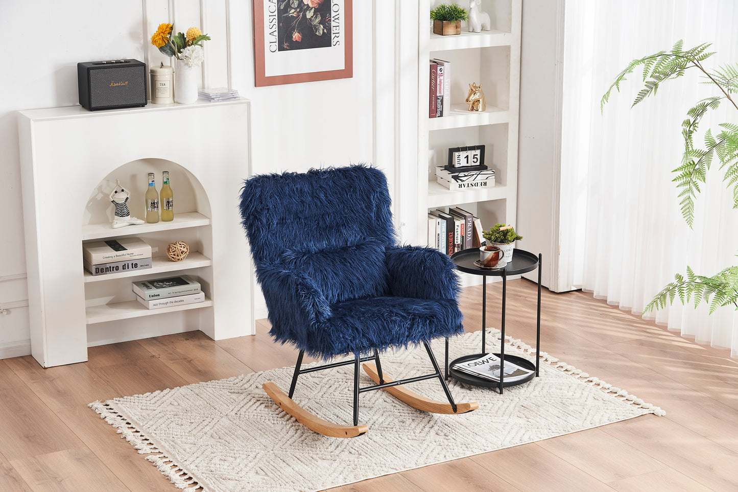 Rocking Chair Nursery, Solid Wood Legs Reading Chair with Lazy plush Upholstered and Waist Pillow, Nap Armchair for Living Rooms, Bedrooms, Offices, Best Gift,Blue