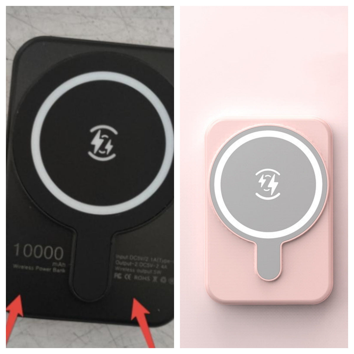 Two wireless power banks, one black and one pink, with charging symbols on a light gray background.