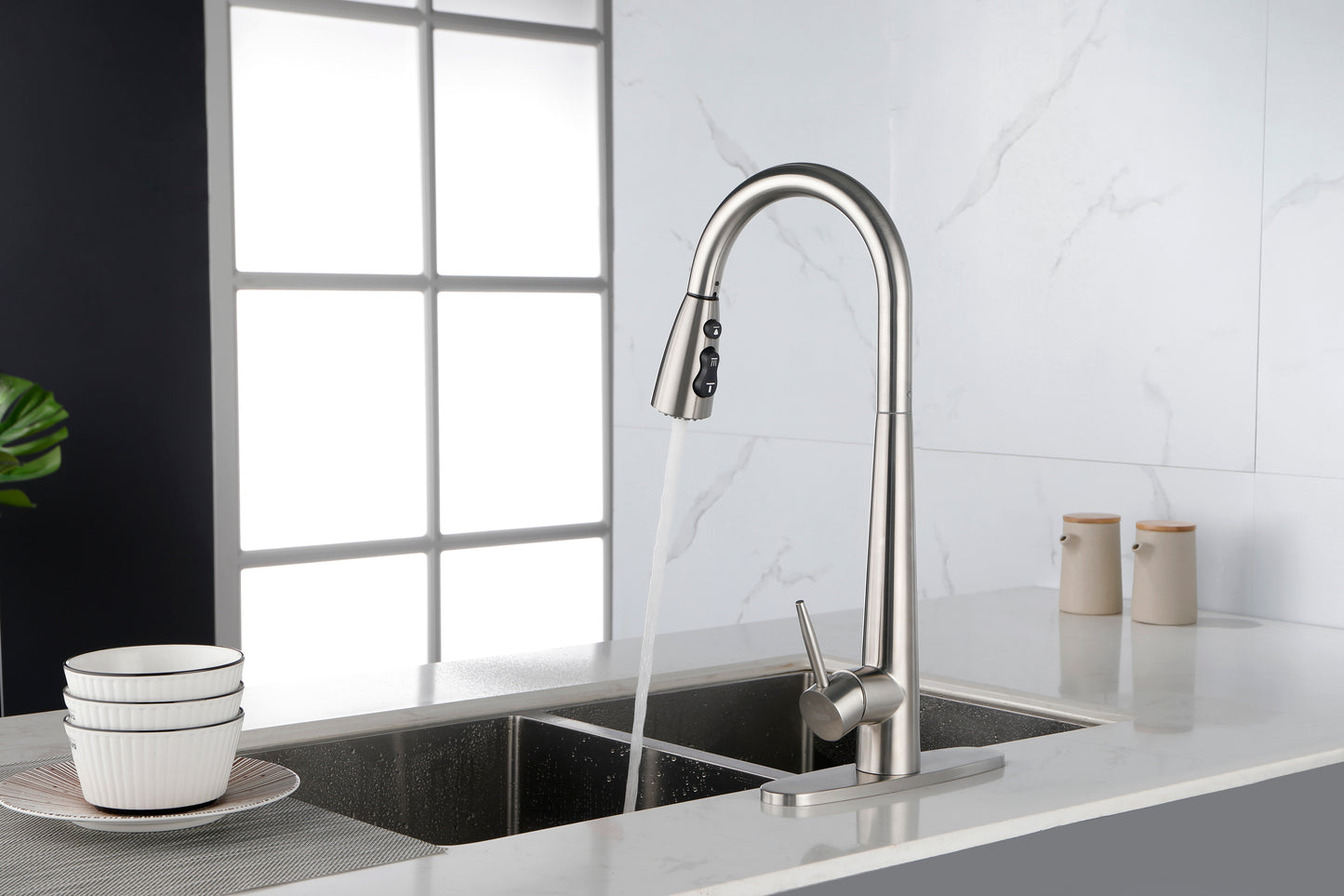 Kitchen Faucet with Pull Down Sprayer Brushed Nickel, High Arc Single Handle Kitchen Sink Faucet with Deck Plate, Commercial Modern Stainless Steel Kitchen Faucets