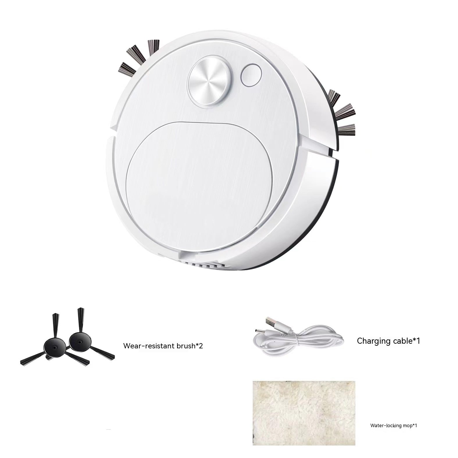 Robotic vacuum cleaner with wear-resistant brush, charging cable, and watericking mat on a white background