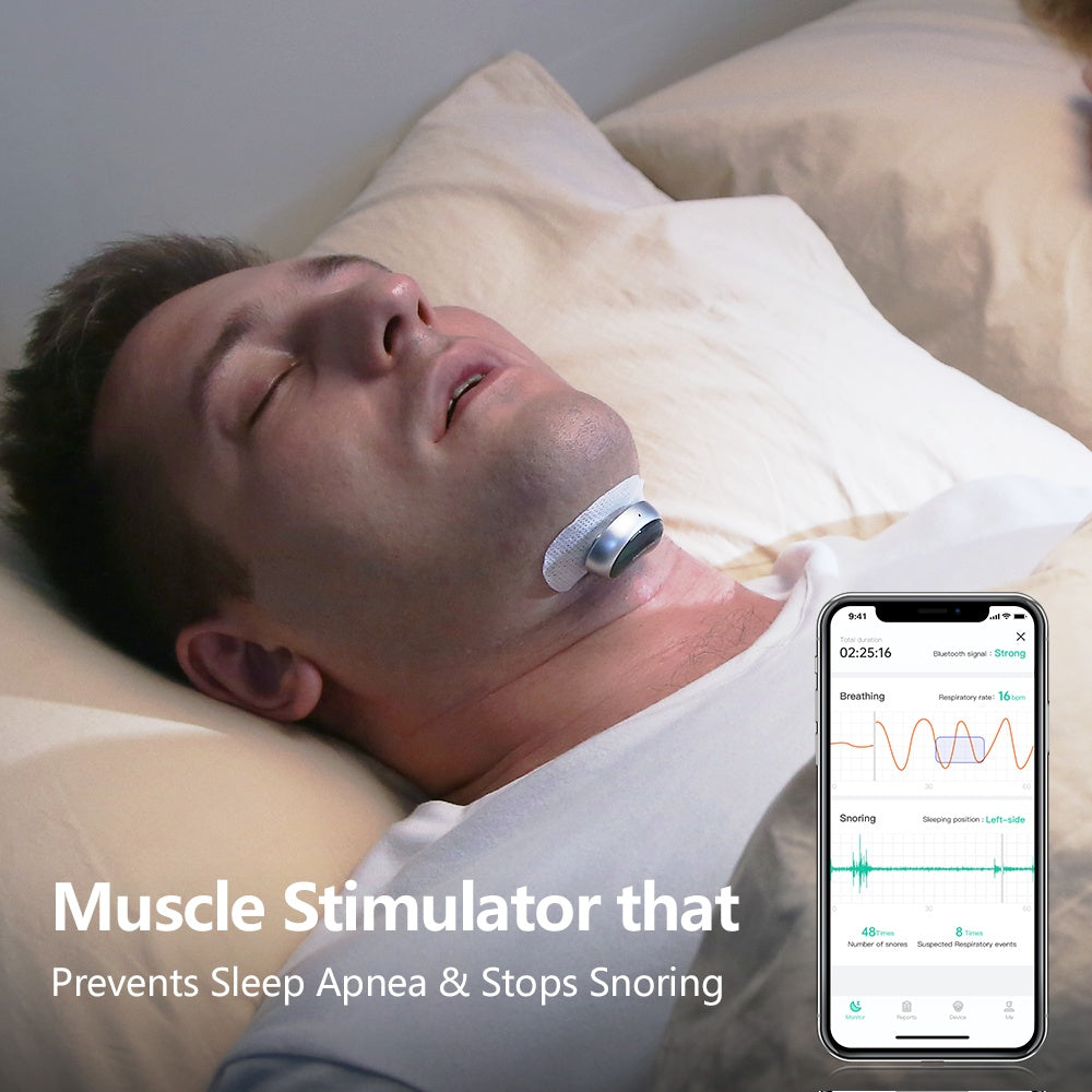 Man sleeping with a muscle stimulator on his neck, next to a smartphone app showing sleep data.