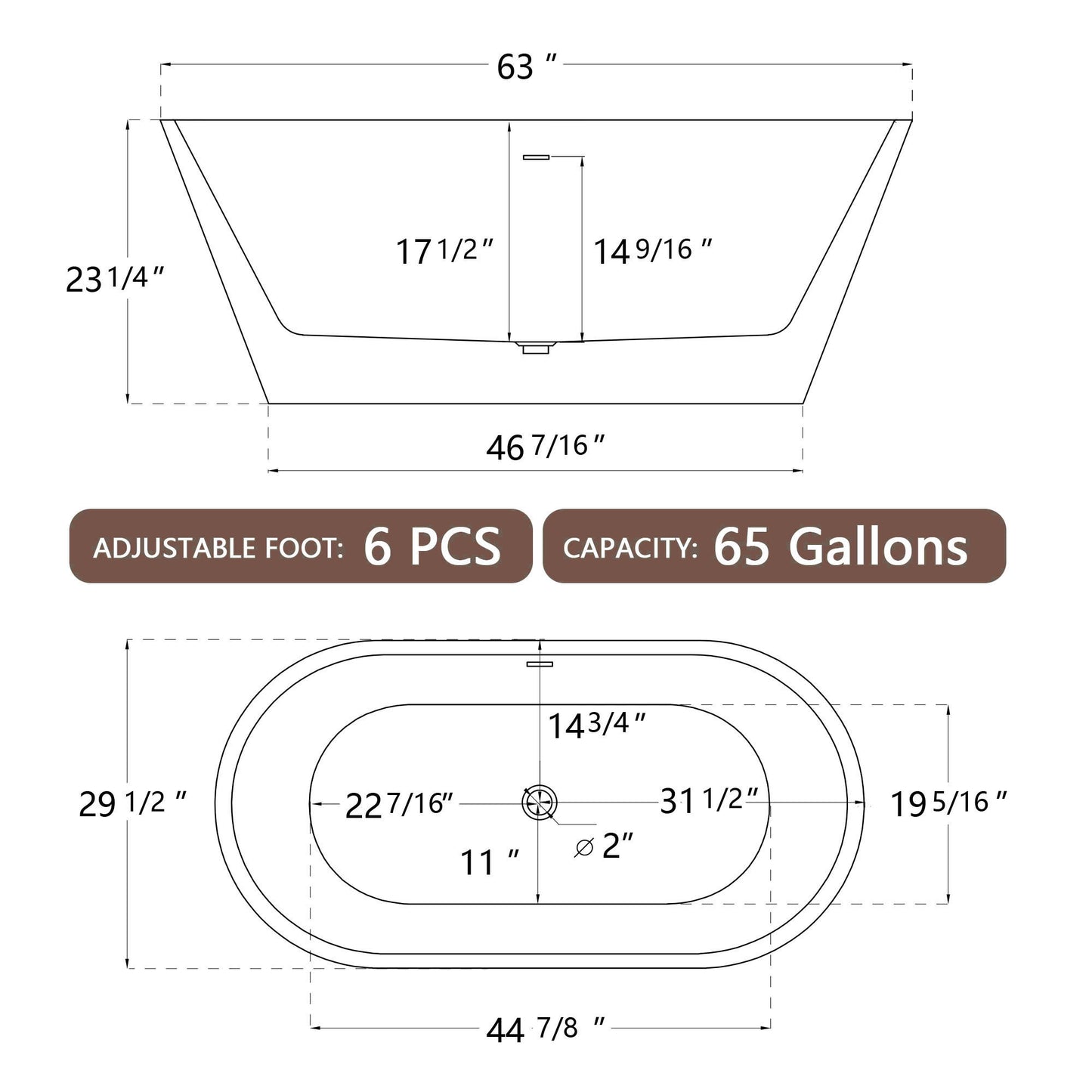 63" Acrylic Free Standing Tub - Classic Oval Shape Soaking Tub, Adjustable Freestanding Bathtub with Integrated Slotted Overflow and Chrome Pop-up Drain Anti-clogging Gloss White