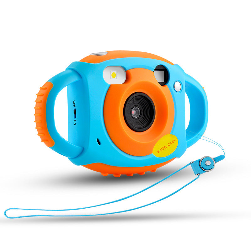 Colorful toy camera with blue and orange design on a white background