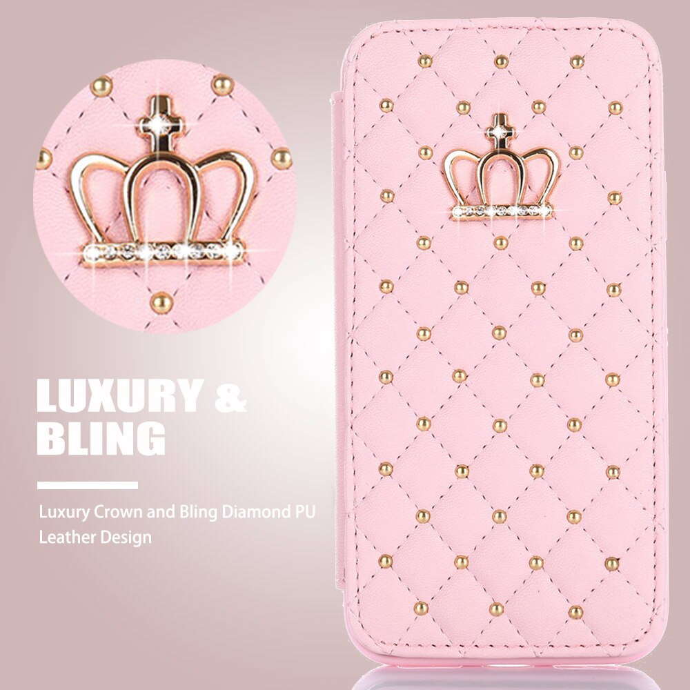Pink phone case with gold crown design and 'Luxury & Bling' text