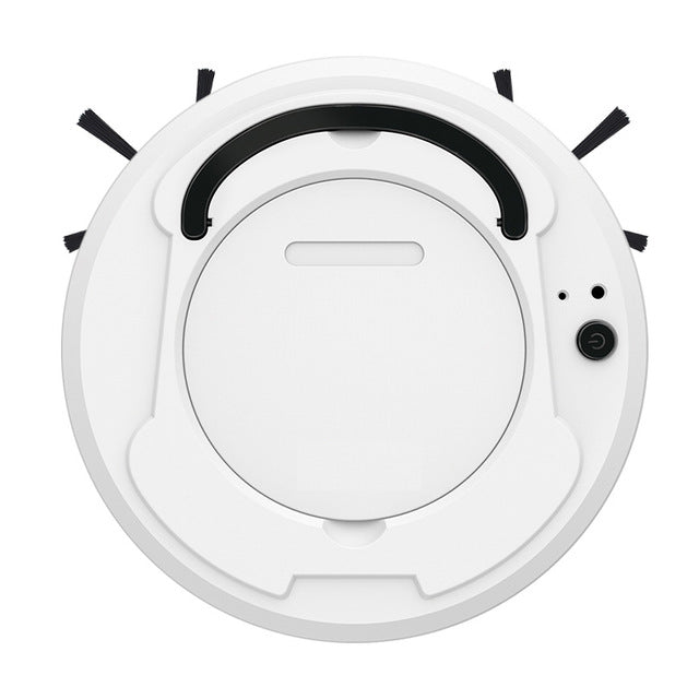 Top view of a white robotic vacuum cleaner on a white background