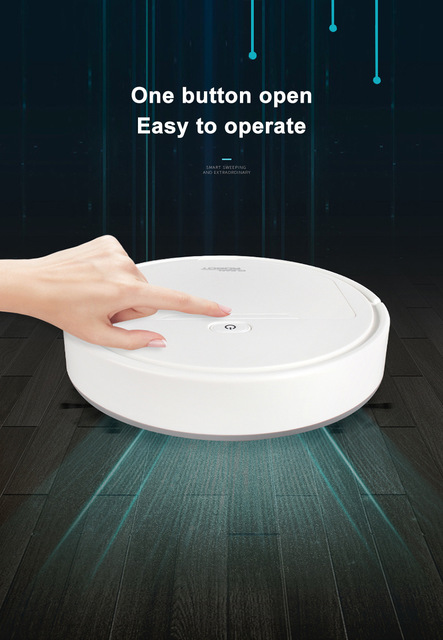 White robot vacuum cleaner on a dark floor with a hand pointing to its button, text 'One button open Easy to operate' above.