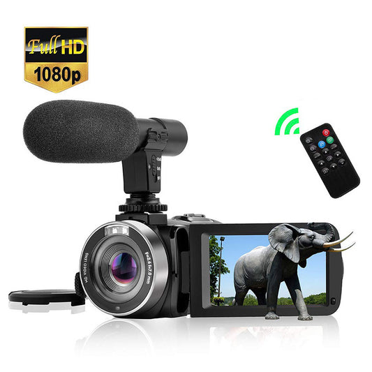 Digital camera with microphone, remote control, and screen displaying an elephant, featuring Full HD 1080p badge.