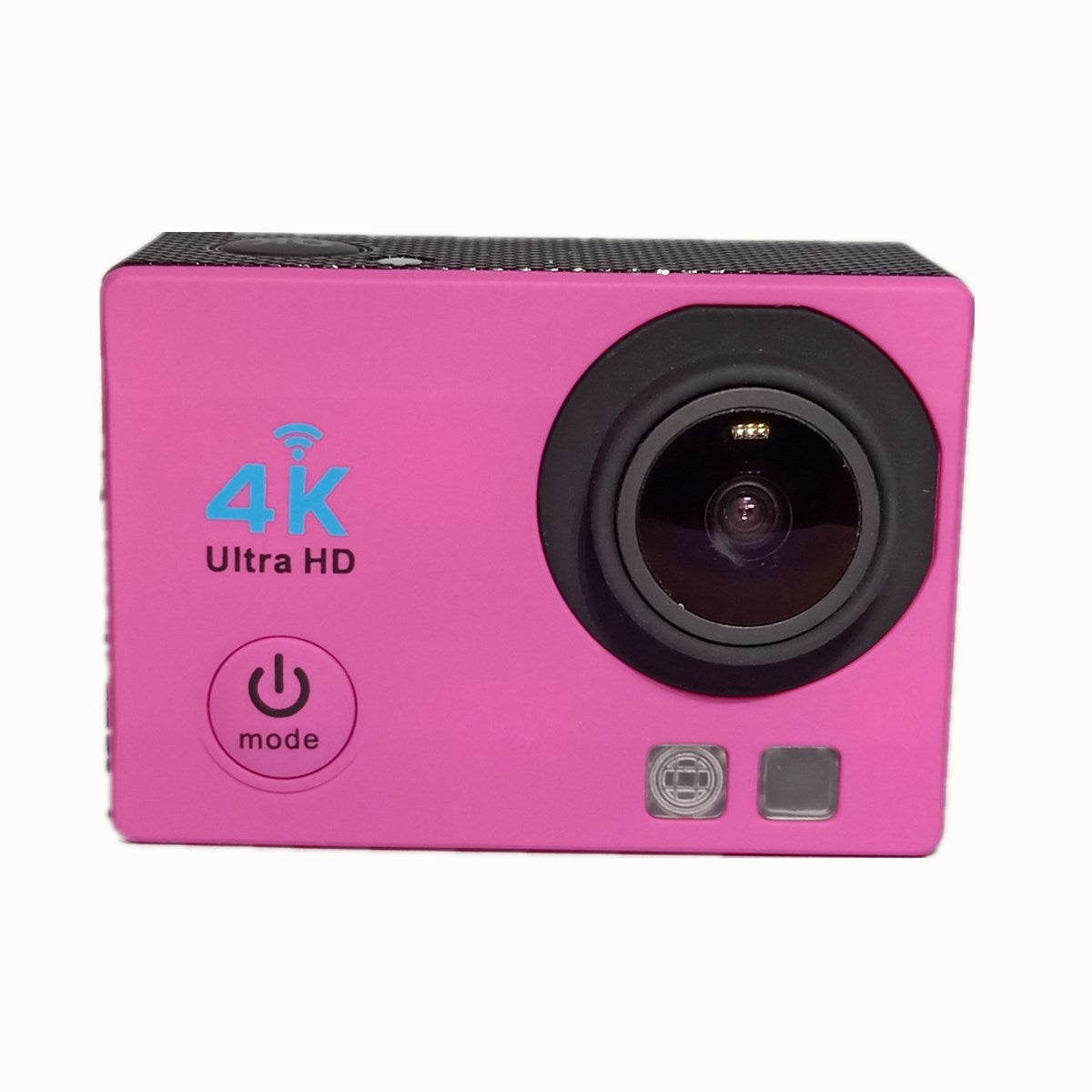 Pink action camera with 4K Ultra HD label on a white background