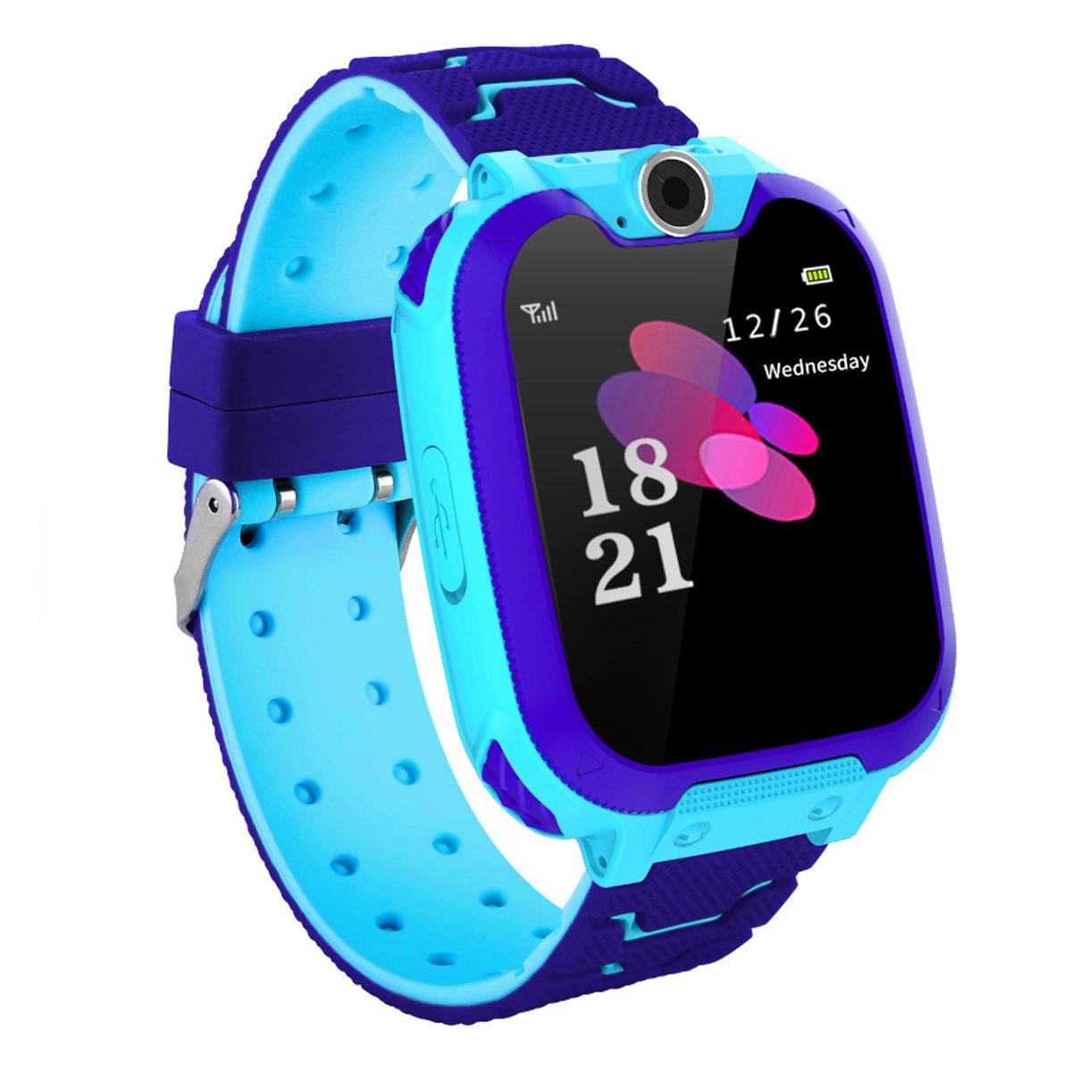 Smartwatch with blue and purple band on a white background