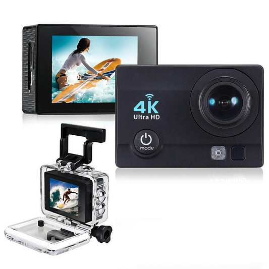 Action camera with 4K Ultra HD display and additional accessories on a white background
