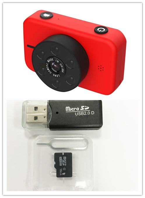 Red camera with USB adapter, microSD card, and sim card on a white background