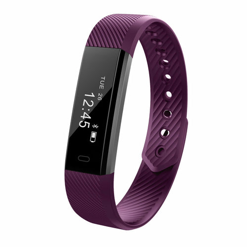 Purple fitness tracker on a white background