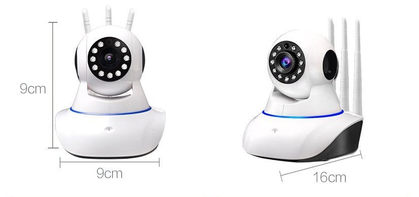 Two white security cameras with measurement dimensions on a white background