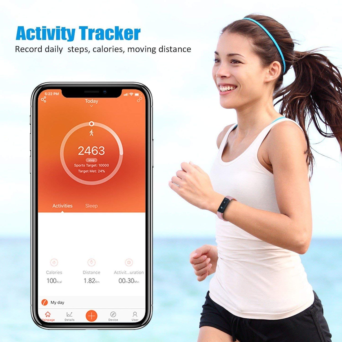 Smartphone displaying an activity tracker app with a woman running in the background.