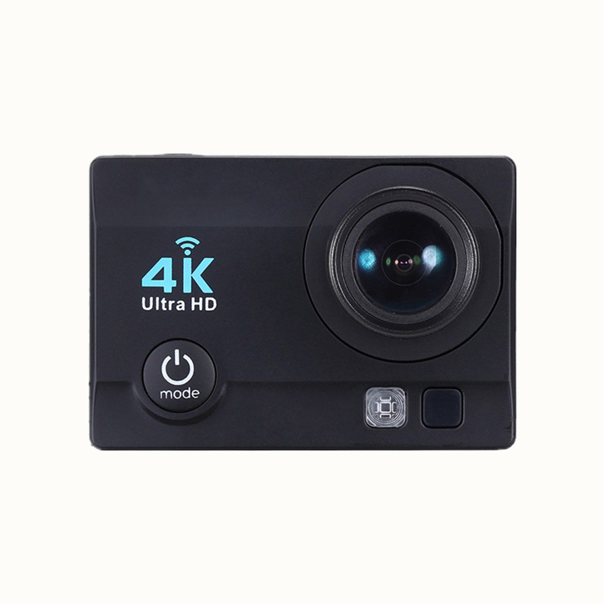 Black action camera with 4K Ultra HD display on a white background