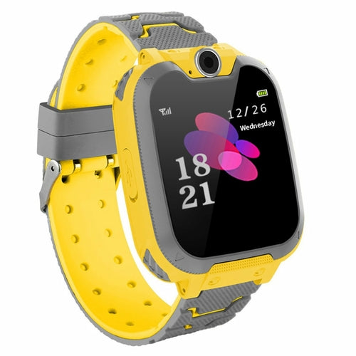 Smartwatch with yellow and gray band on a white background