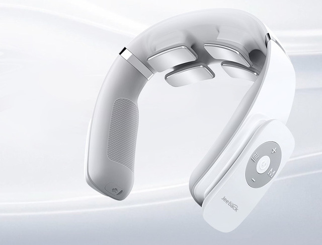 White neck massager with control panel on a light gray background