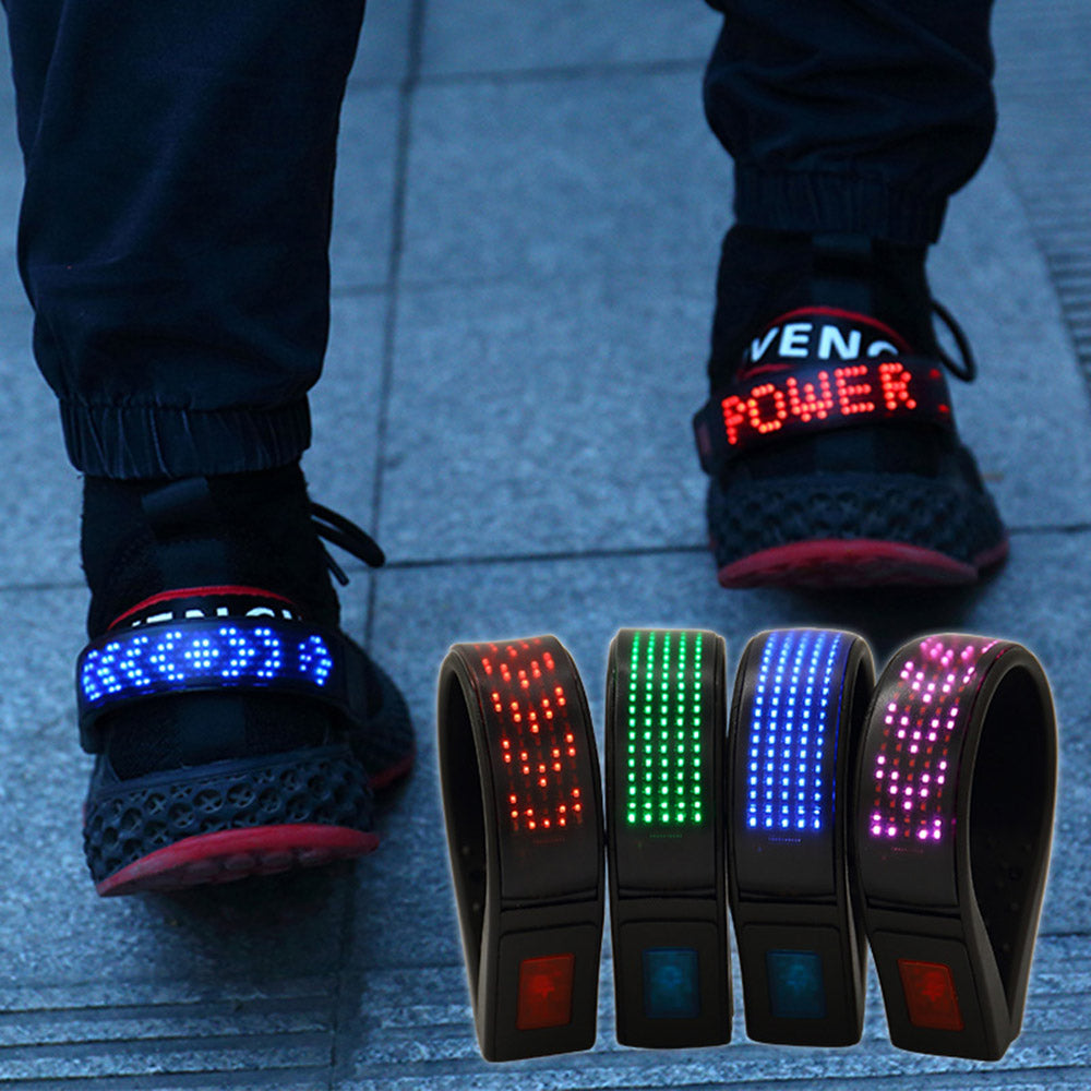 LED shoelace lights on a person's shoes with color options displayed below.