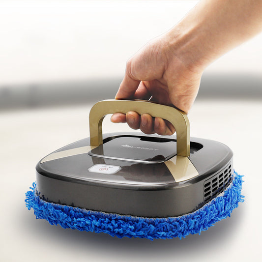 Hand holding a robotic vacuum cleaner with blue cleaning brush on a light background