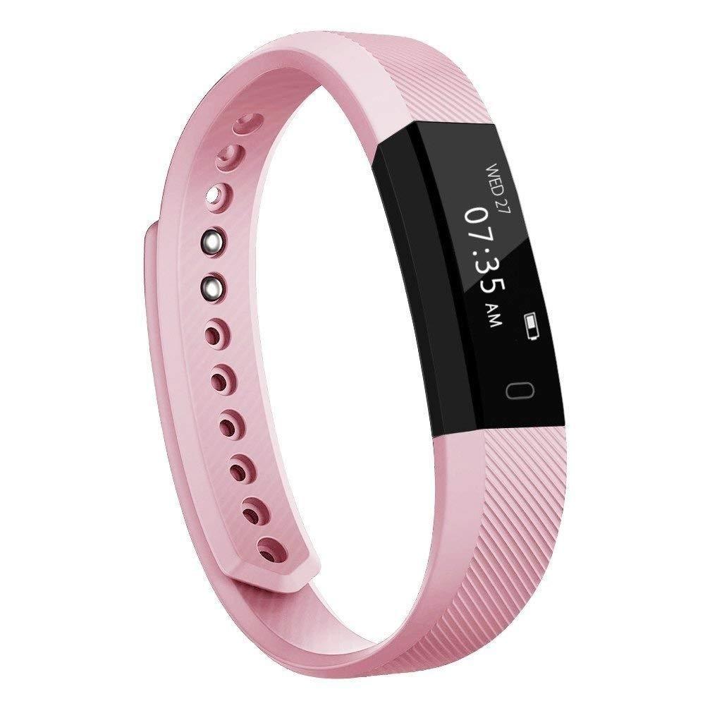 Pink fitness tracker on a white background