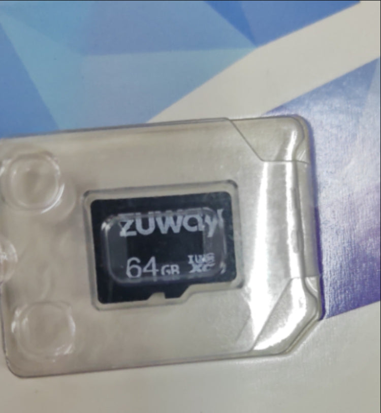 64GB microSD card in a transparent case with 'ZUWAY' branding on a blue and white background.