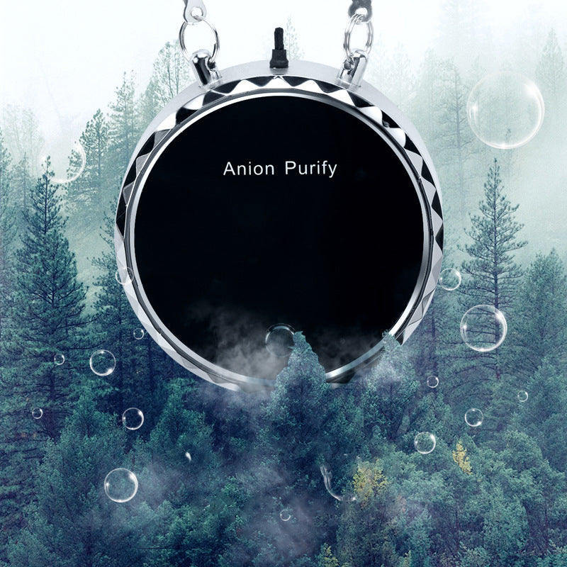 Round metallic object with 'Anion Purify' text against a forest background