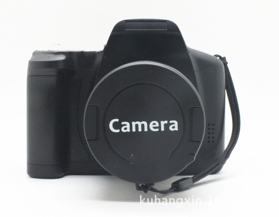 Black camera with a lens cap labeled 'Camera' on a white background