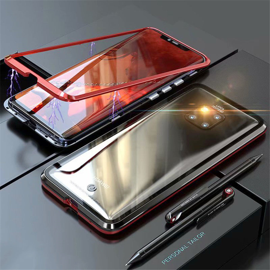 Phone case with screen protector and stylus on a reflective surface