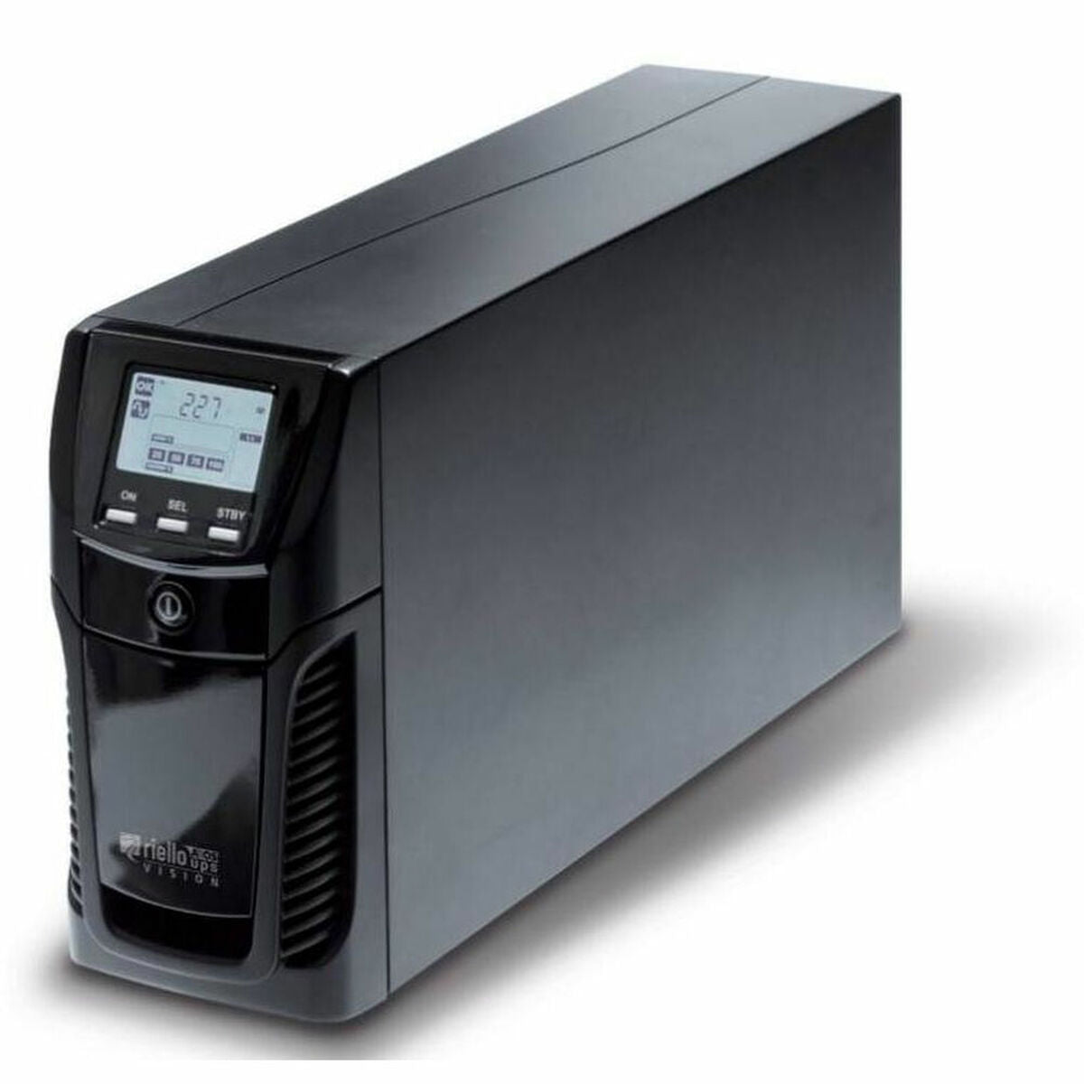 Black uninterruptible power supply (UPS) device on a white background